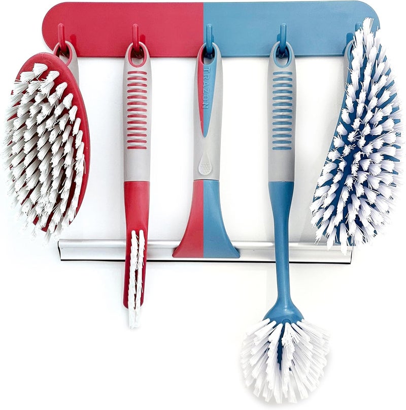 Trazon Scrub Brush Set of 6 pcs - Red or Blue Randomly Color, Cleaning Shower Scrubbers with Squeegee for Shower Glass & Adhesive Wall Hooks Including Grout Cleaner Brush for Cleaning Bathroom, Tile - Image 1